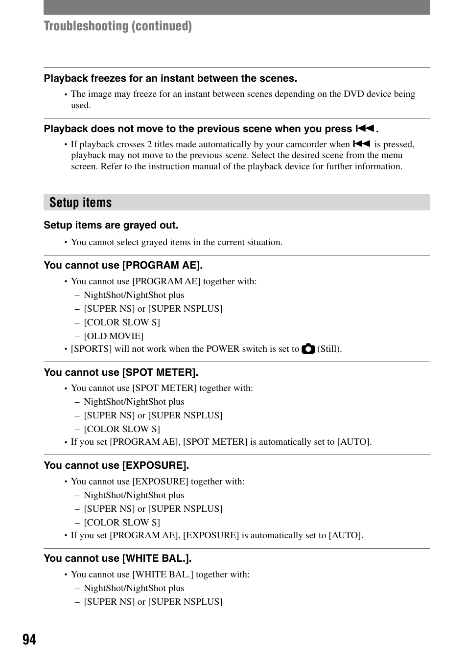 Troubleshooting (continued), Setup items | Sony DCR-DVD92 User Manual | Page 94 / 120