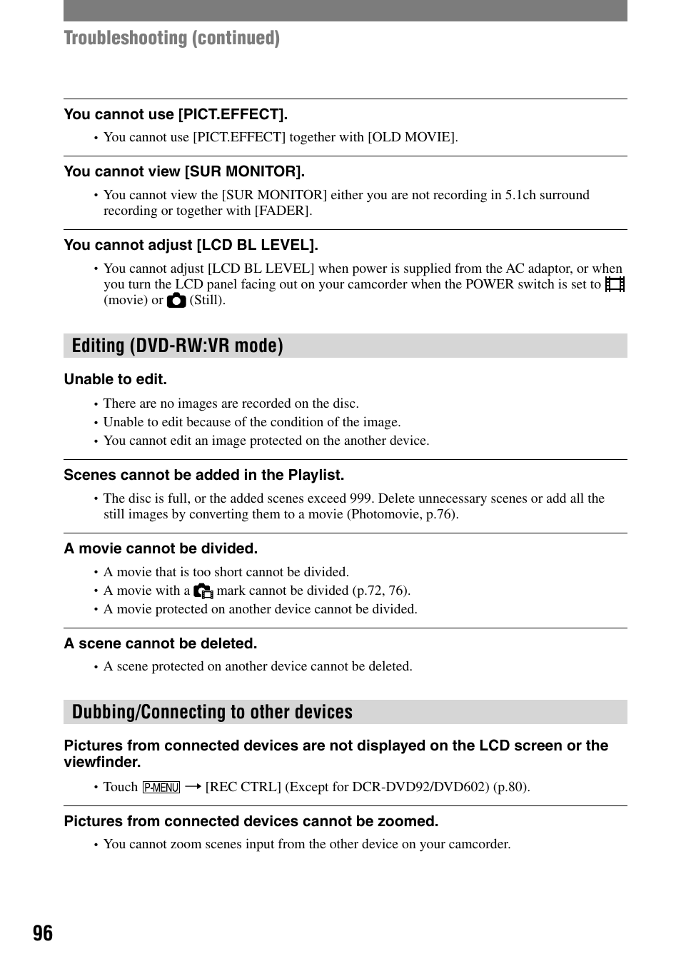 Troubleshooting (continued), Editing (dvd-rw:vr mode), Dubbing/connecting to other devices | Sony DCR-DVD92 User Manual | Page 96 / 120