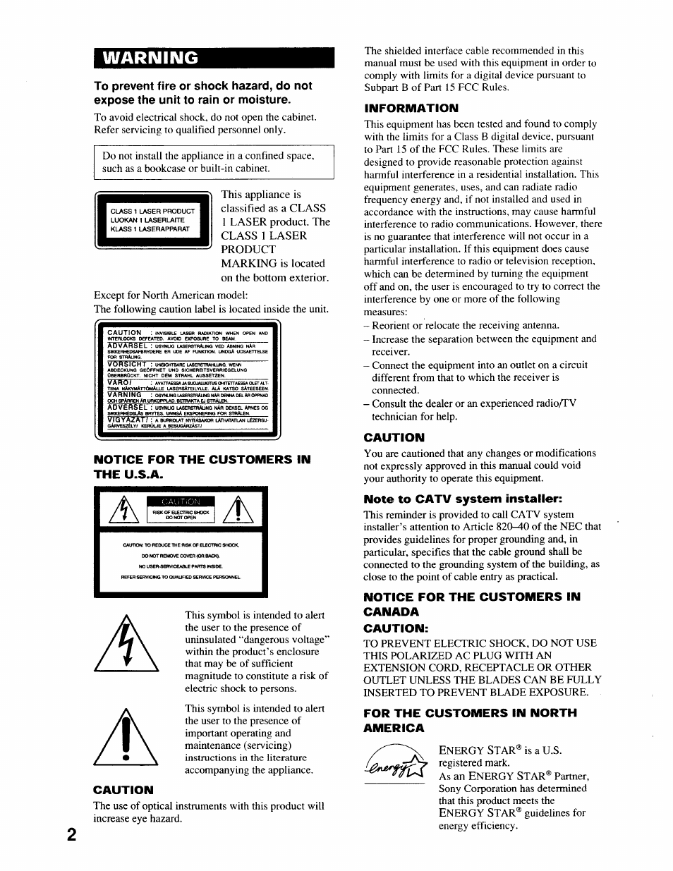 Warning, Notice for the customers in the u.s.a, Caution | Information, Notice for the customers in canada caution, For the customers in north america | Sony CMT-EX22 User Manual | Page 2 / 28