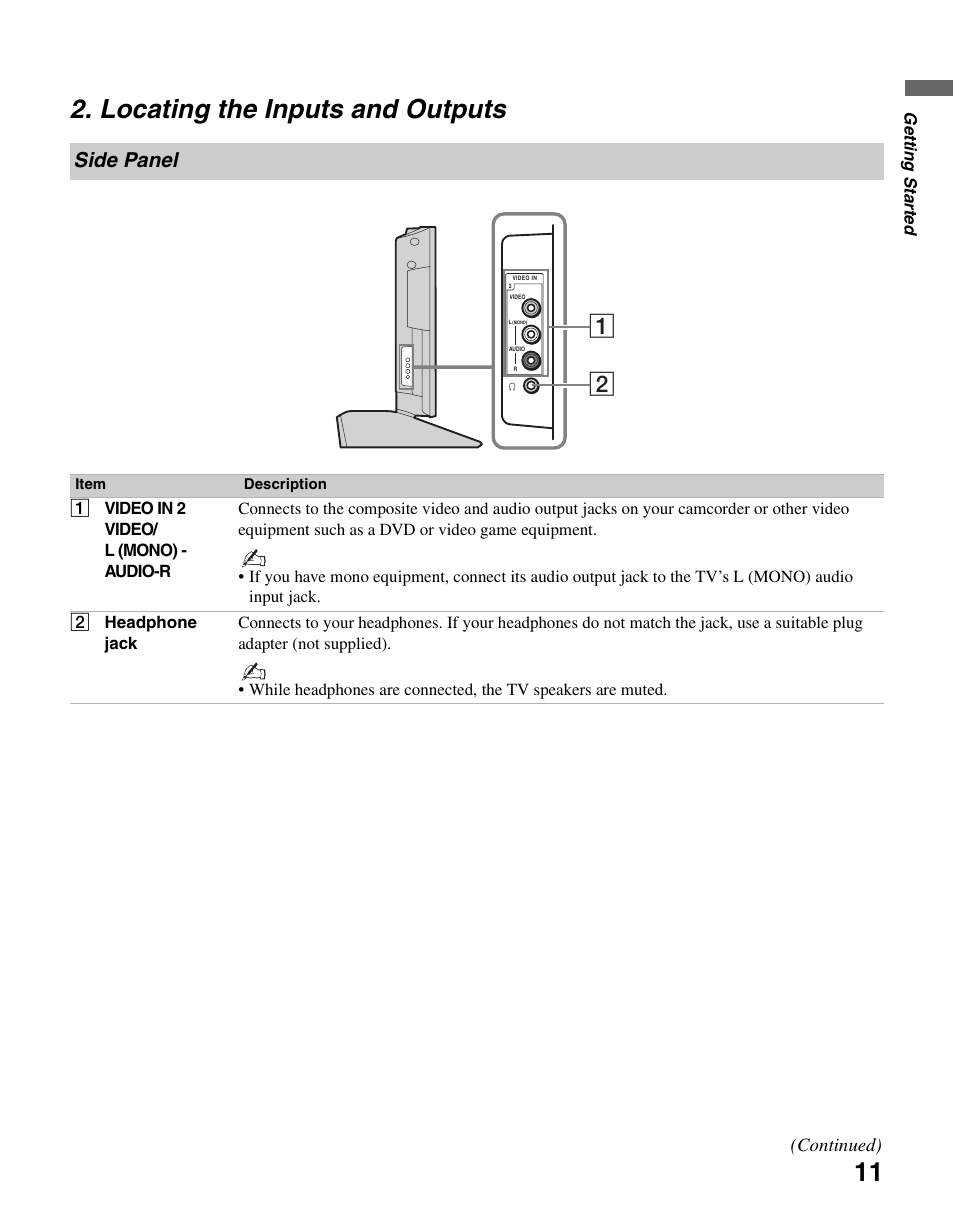 Locating the inputs and outputs, Side panel | Sony KDL-37N4000 User Manual | Page 11 / 48