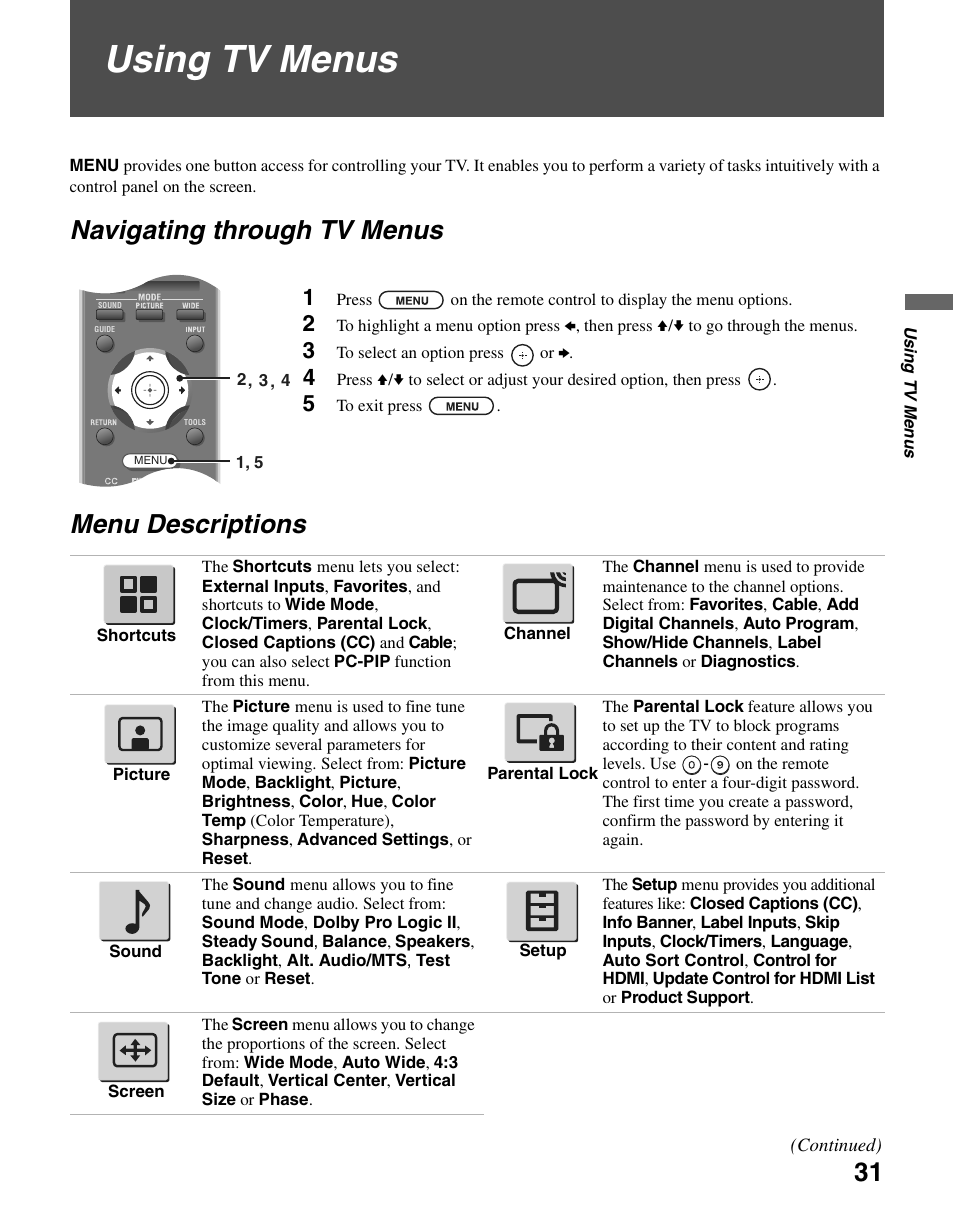 Using tv menus, Navigating through tv menus, Menu descriptions | Navigating through tv menus menu descriptions | Sony KDL-37N4000 User Manual | Page 31 / 48