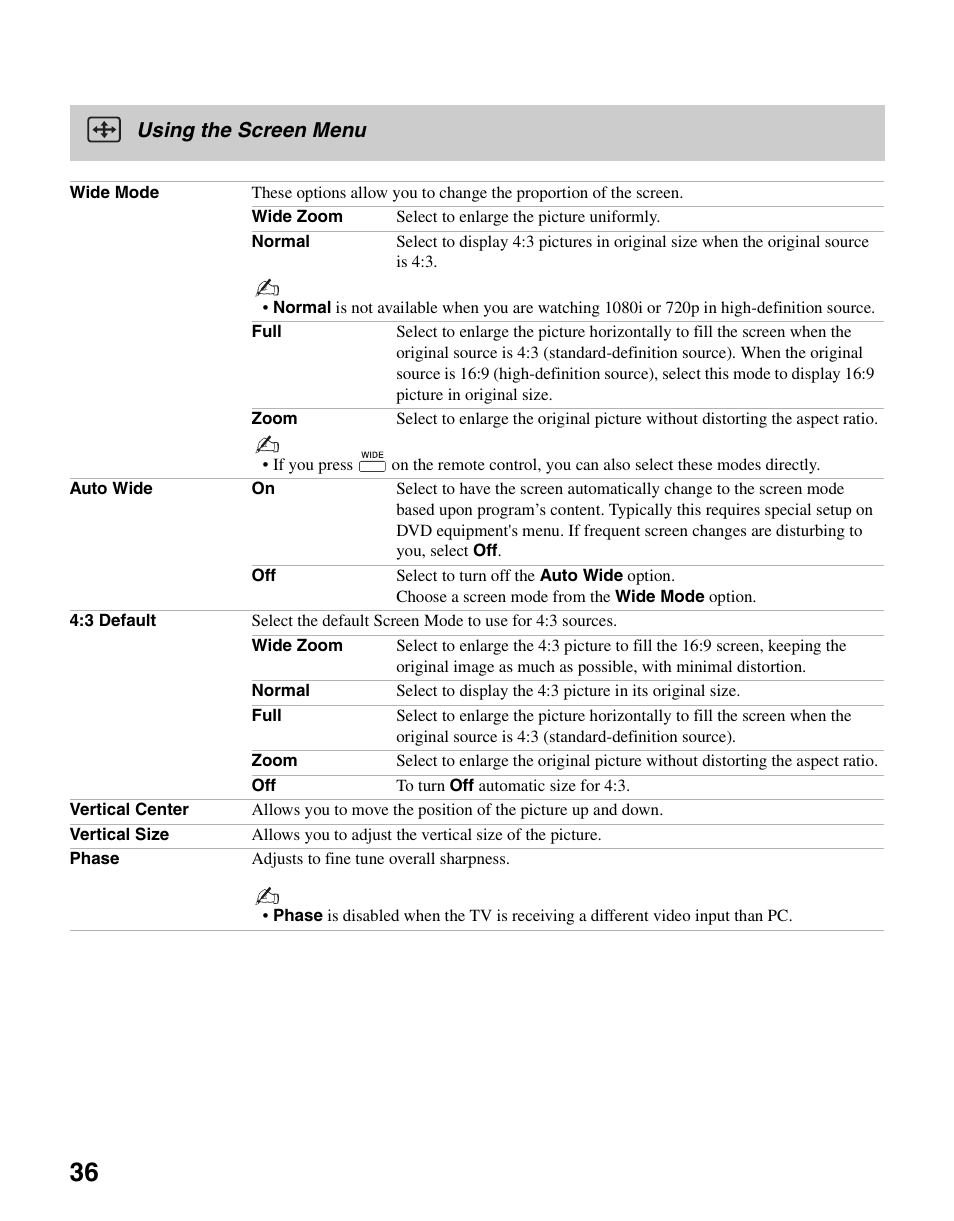 Using the screen menu, D 36 | Sony KDL-37N4000 User Manual | Page 36 / 48
