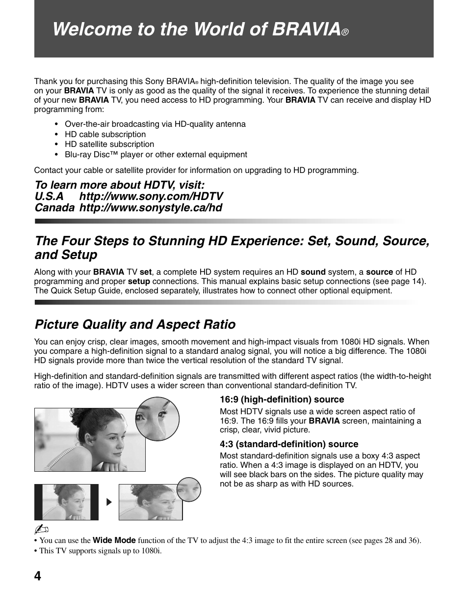 Welcome to the world of bravia, Picture quality and aspect ratio, The four steps to stunning hd experience | Set, sound, source, and setup | Sony KDL-37N4000 User Manual | Page 4 / 48