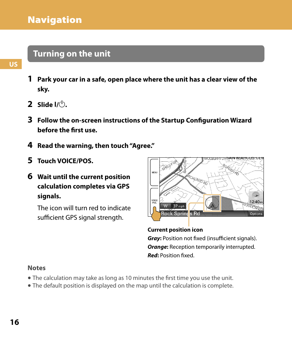 Navigation, Turning on the unit 1 | Sony NV-U84 User Manual | Page 16 / 104
