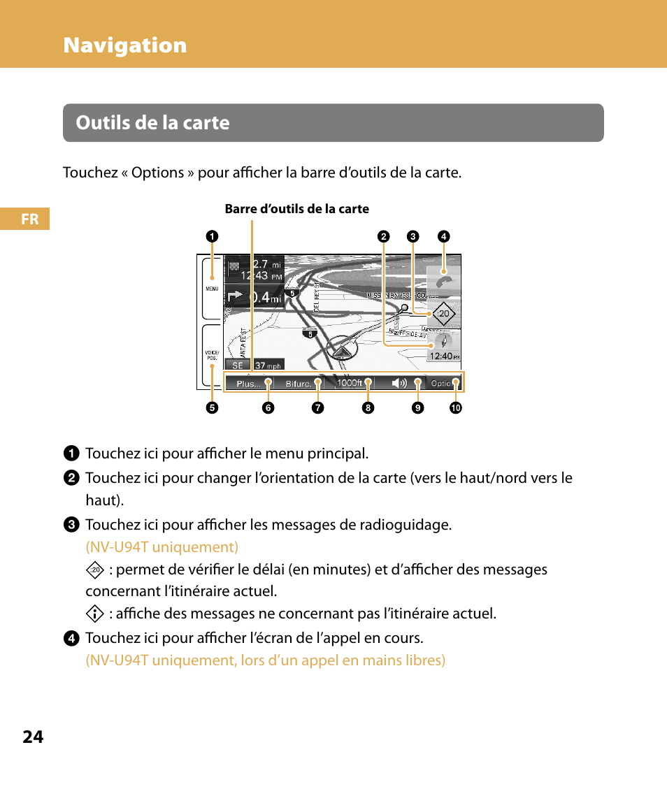 Navigation, Outils de la carte | Sony NV-U84 User Manual | Page 58 / 104