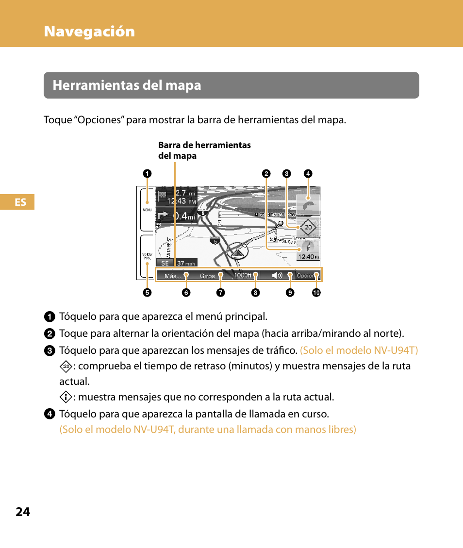 Navegación, Herramientas del mapa | Sony NV-U84 User Manual | Page 92 / 104
