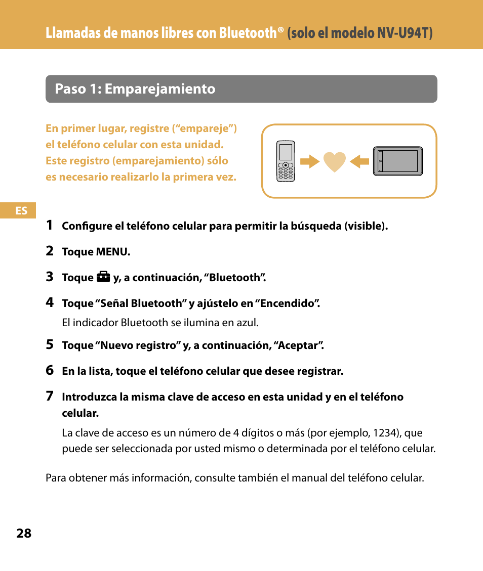 Llamadas de manos libres con bluetooth, Solo el modelo nv-u94t), Paso 1: emparejamiento | Sony NV-U84 User Manual | Page 96 / 104