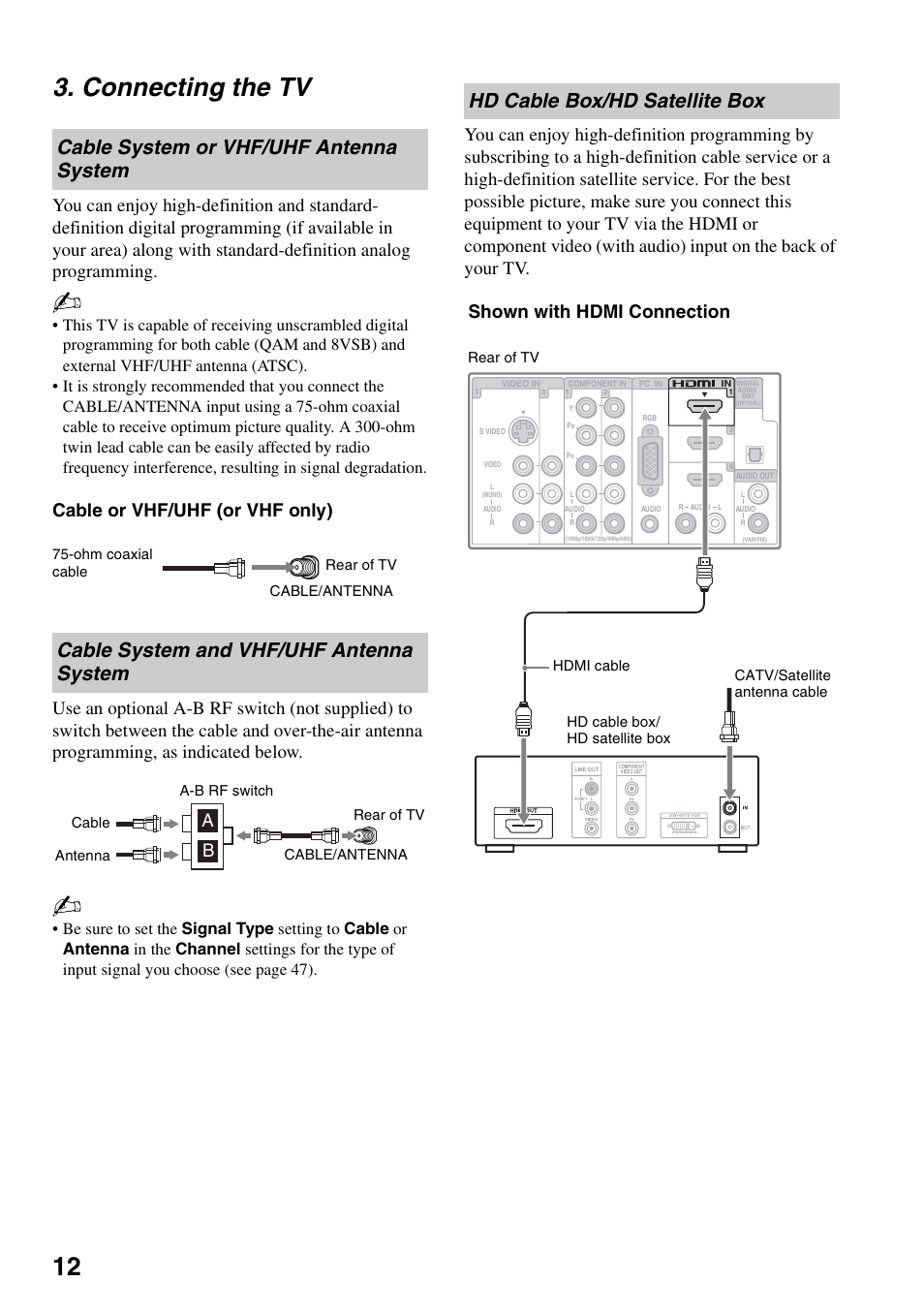 Connecting the tv, Cable system or vhf/uhf antenna system, Cable system and vhf/uhf antenna system | Hd cable box/hd satellite box, Cable system or vhf/uhf antenna, System, Cable system and vhf/uhf antenna, 12 3. connecting the tv, Shown with hdmi connection | Sony KDL-46Z4100 User Manual | Page 12 / 64