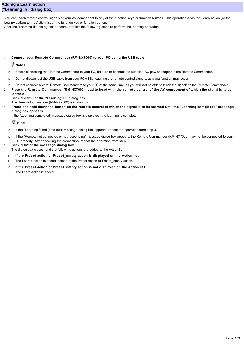 Adding a learn action ("learning ir" dialog box) | Sony RM-NX7000 User Manual | Page 109 / 117