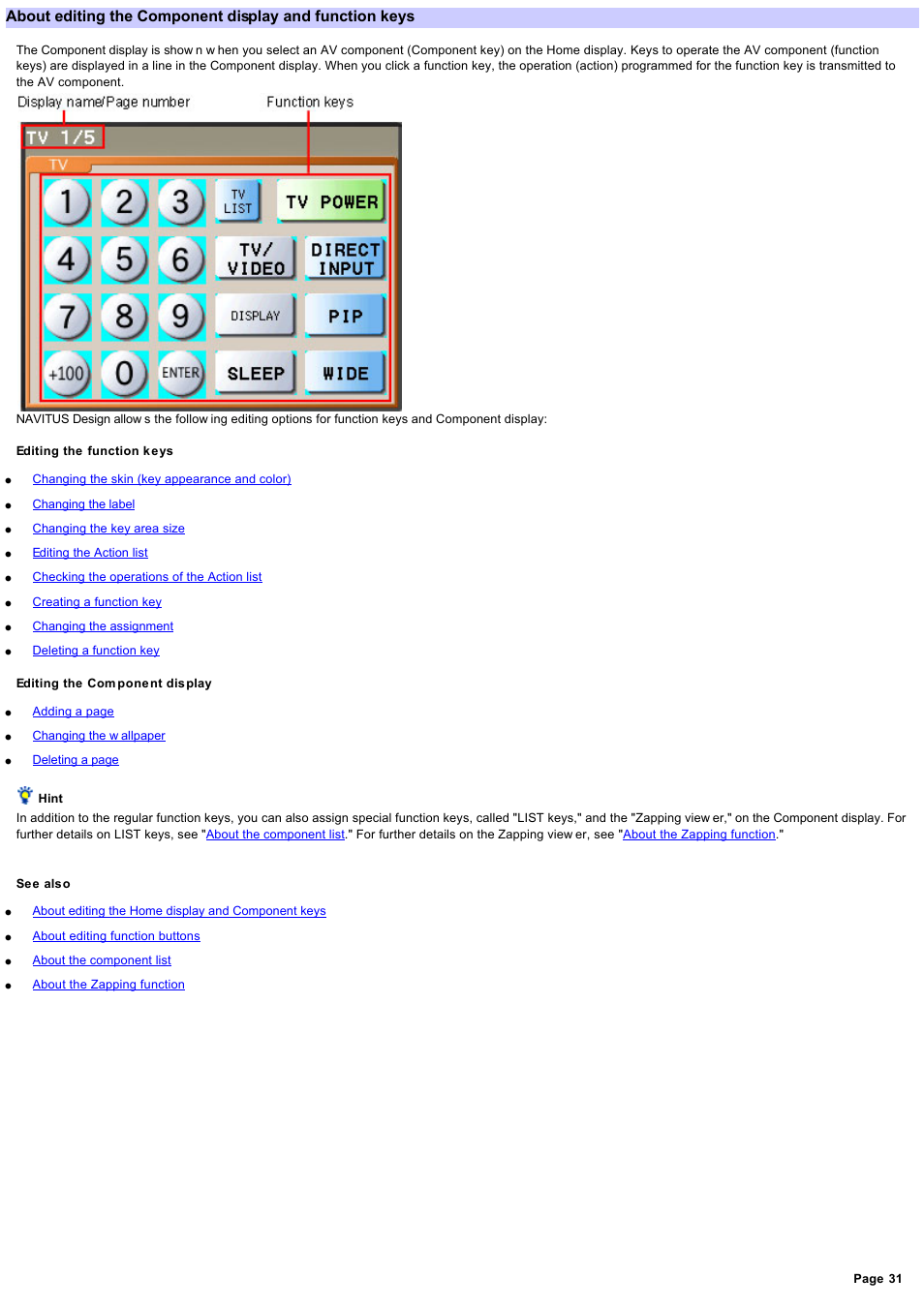 Component display, Function key | Sony RM-NX7000 User Manual | Page 31 / 117