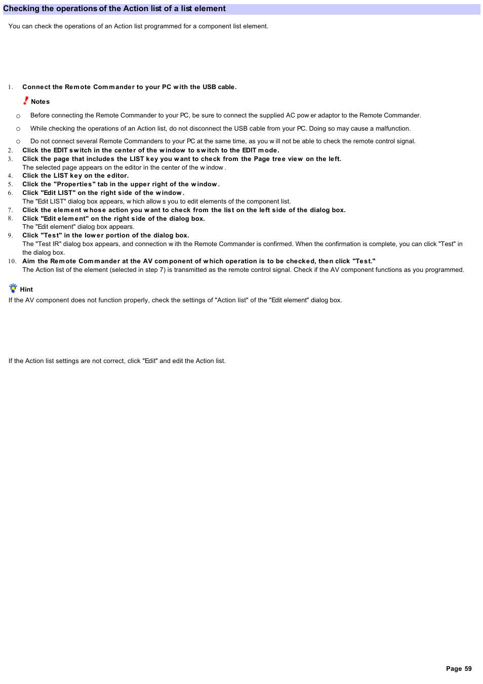 Checking the operations of the action list | Sony RM-NX7000 User Manual | Page 59 / 117