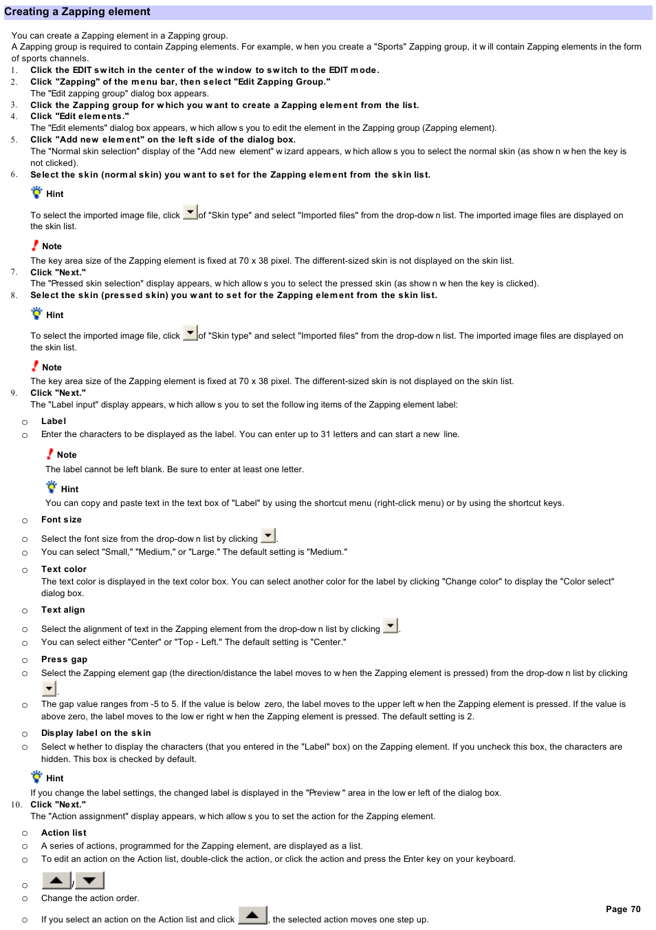 Editing an element of a zapping group, Creating a zapping element | Sony RM-NX7000 User Manual | Page 70 / 117