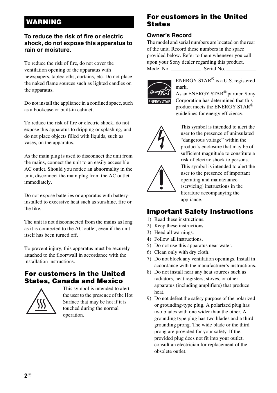 For customers in the united states, Important safety instructions, Warning | Sony HT-SS360 User Manual | Page 2 / 60
