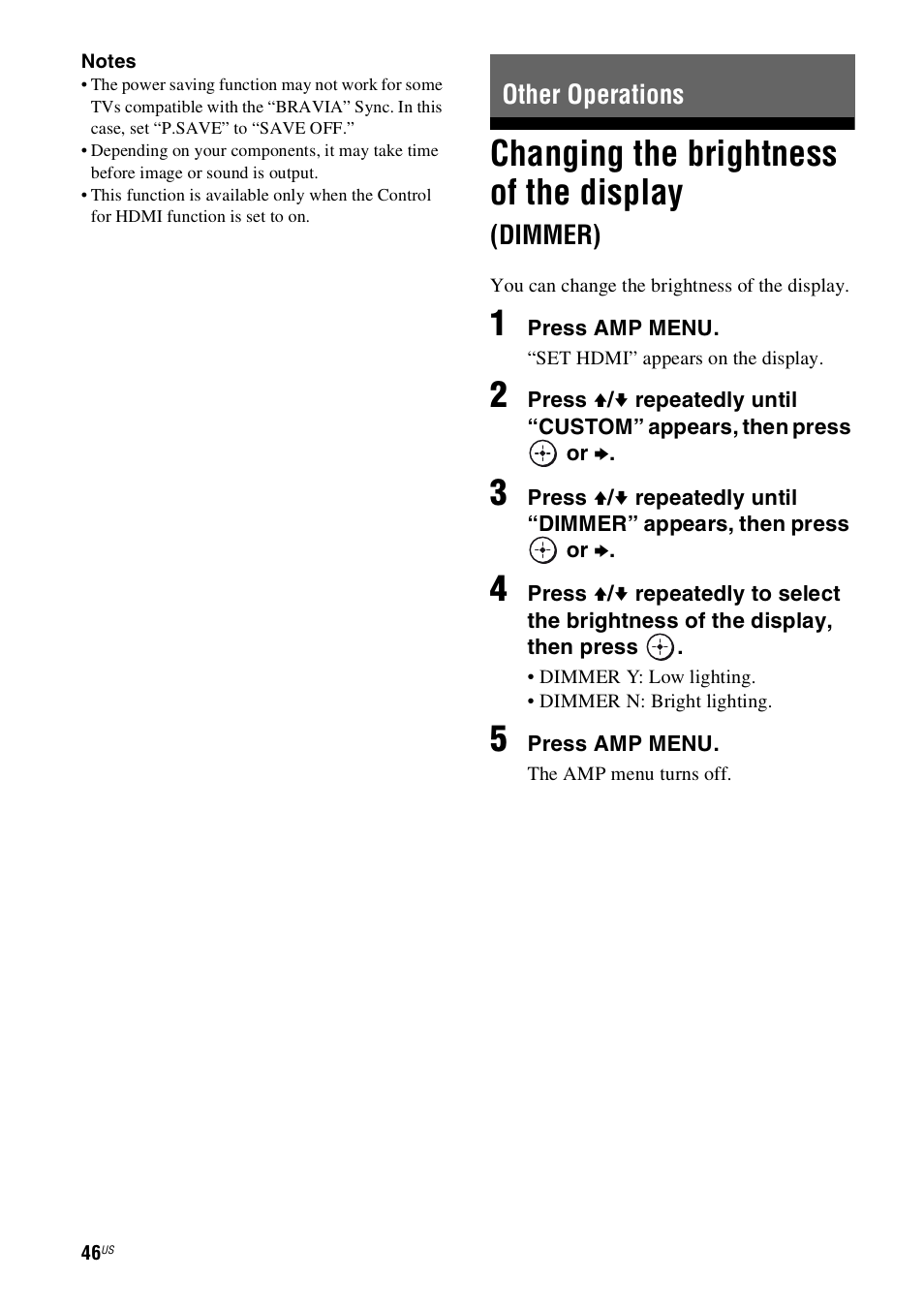 Other operations, Changing the brightness of the display (dimmer), Changing the brightness of the display | Dimmer) | Sony HT-SS360 User Manual | Page 46 / 60