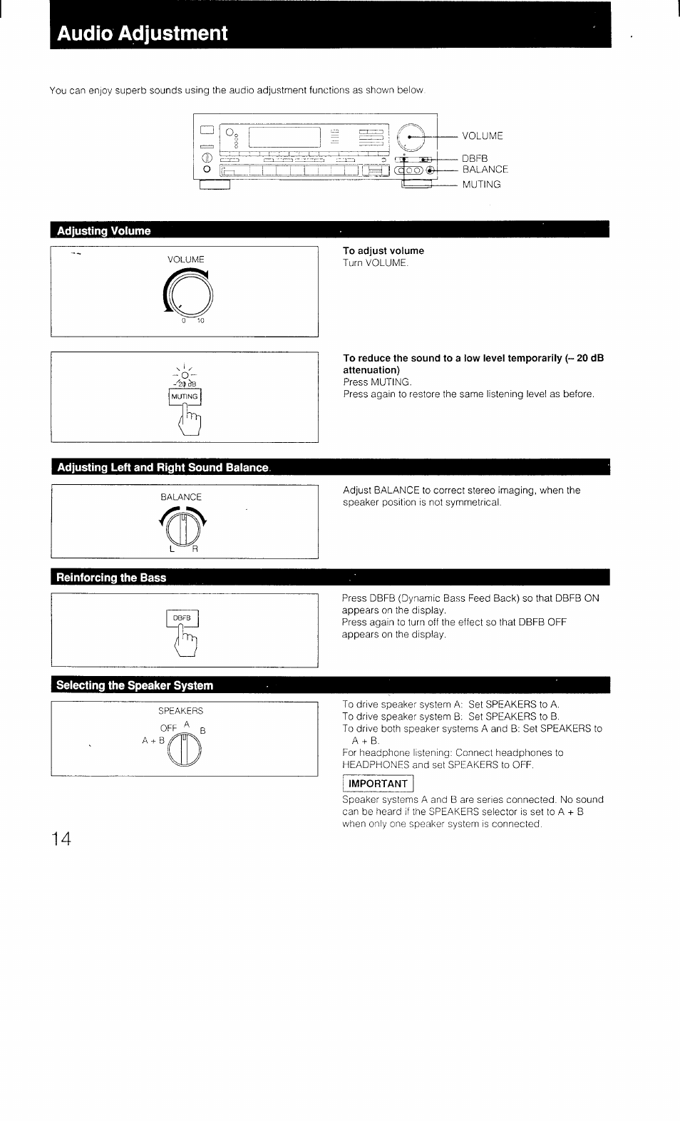 Audio adjustment, Adjusting volume, To adjust volume | Adjusting left and right sound balance, Selecting the speaker system, Important, Connecting speaker systems | Sony STR-AV1070X User Manual | Page 14 / 43