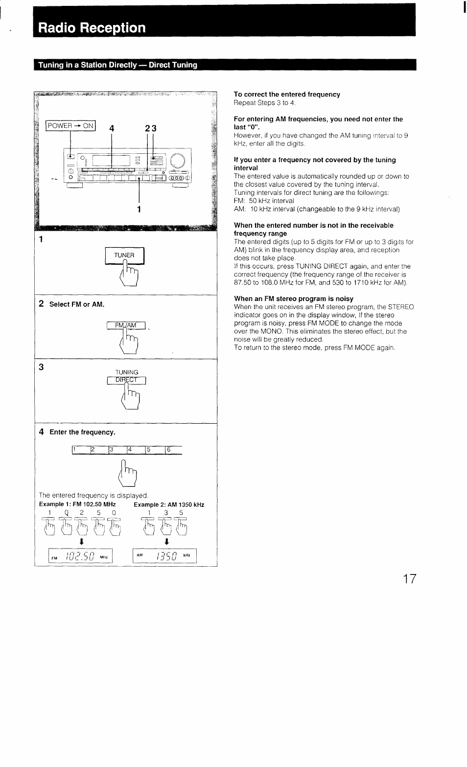 Radio reception, Tuning in a station directiy — direct tuning, To correct the entered frequency | When an fm stereo program is noisy, Tuning in a station directly — direct tuning | Sony STR-AV1070X User Manual | Page 17 / 43