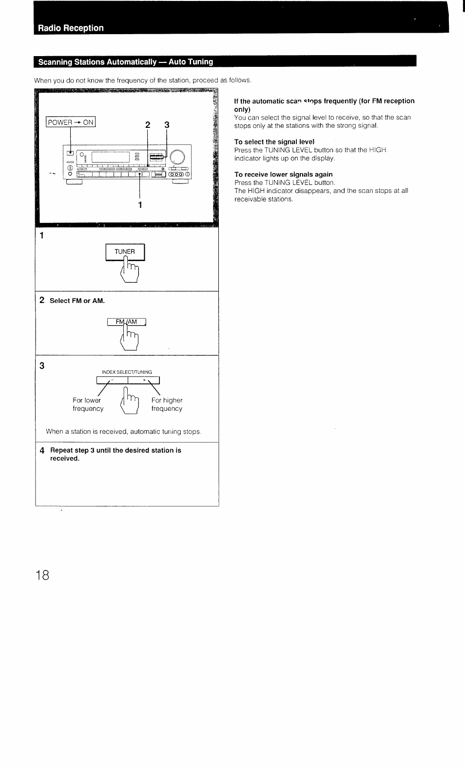 Scanning stations automaticaliy — auto tuning, 2 select fwi or am, To select the signal level | To receive lower signals again, Scanning stations automatically — auto tuning | Sony STR-AV1070X User Manual | Page 18 / 43
