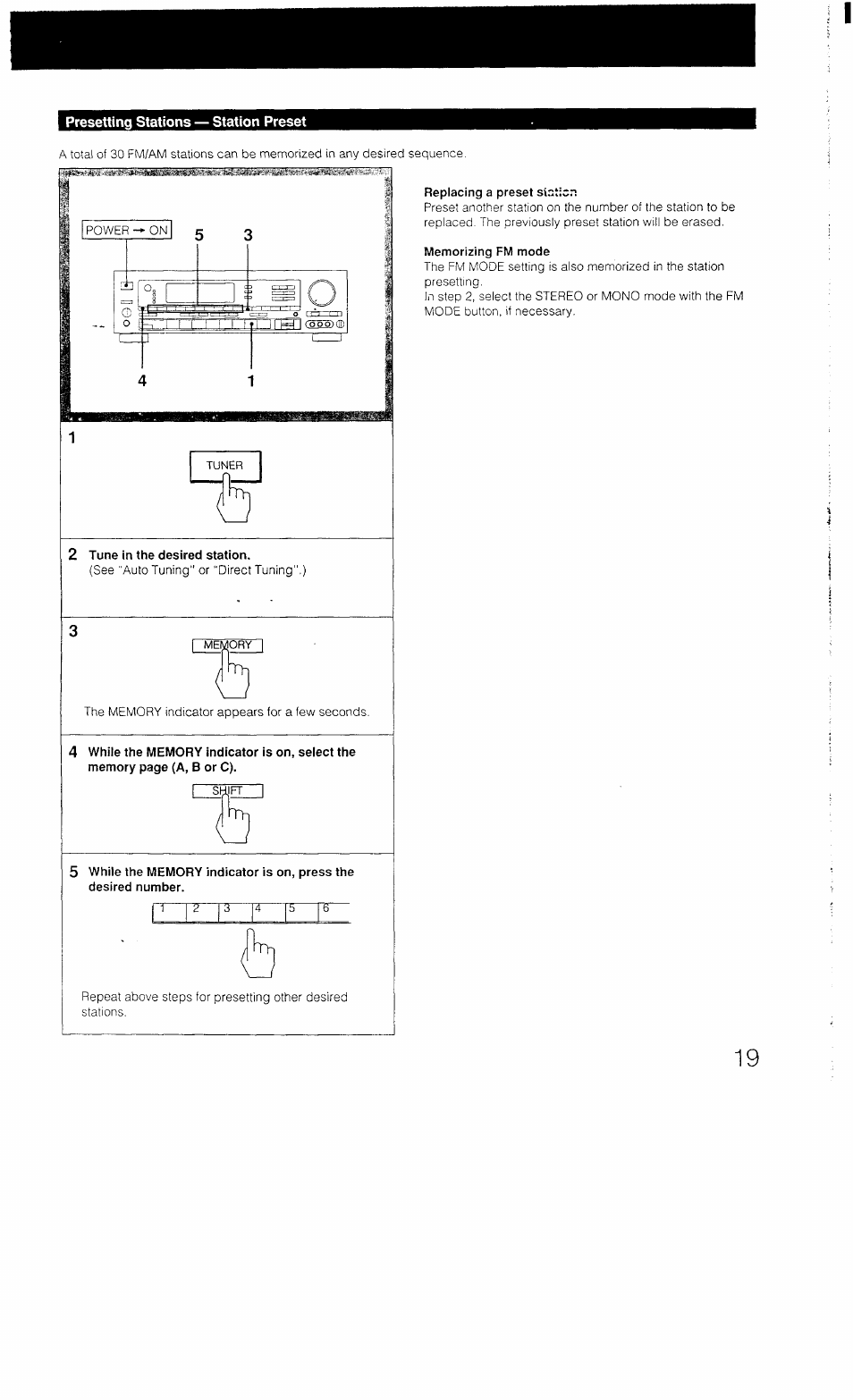 Presetting stations — station preset, 2 tune in the desired station, Replacing a preset st.aiicn | Memorizing fm mode | Sony STR-AV1070X User Manual | Page 19 / 43
