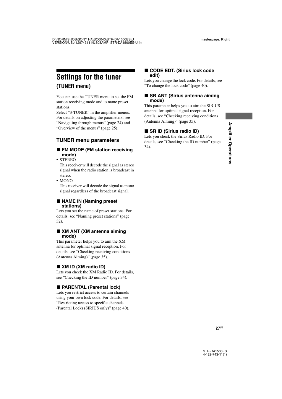 Settings for the tuner (tuner menu), Settings for the tuner, Tuner menu) | Sony STR-DA1500ES User Manual | Page 27 / 60