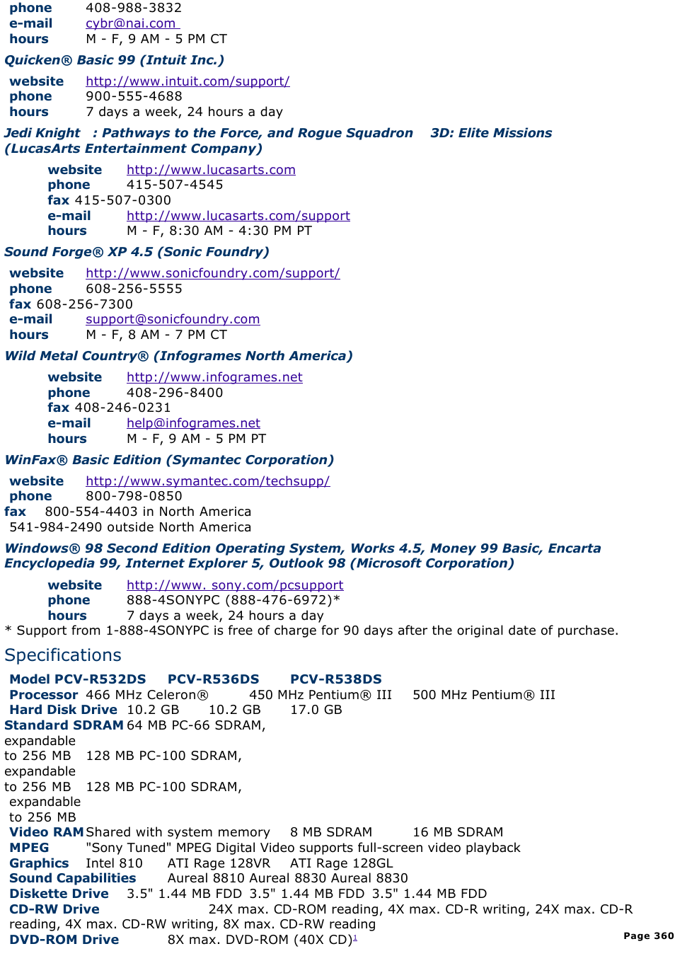 Specifications | Sony PCV-R539DS User Manual | Page 360 / 586