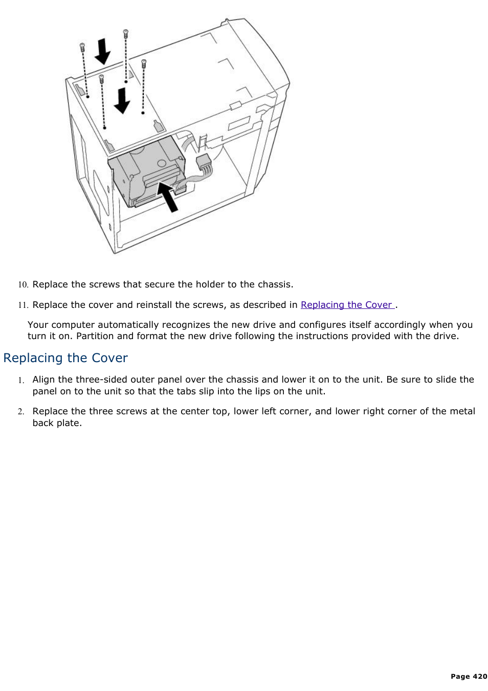 Replacing the cover | Sony PCV-R539DS User Manual | Page 420 / 586