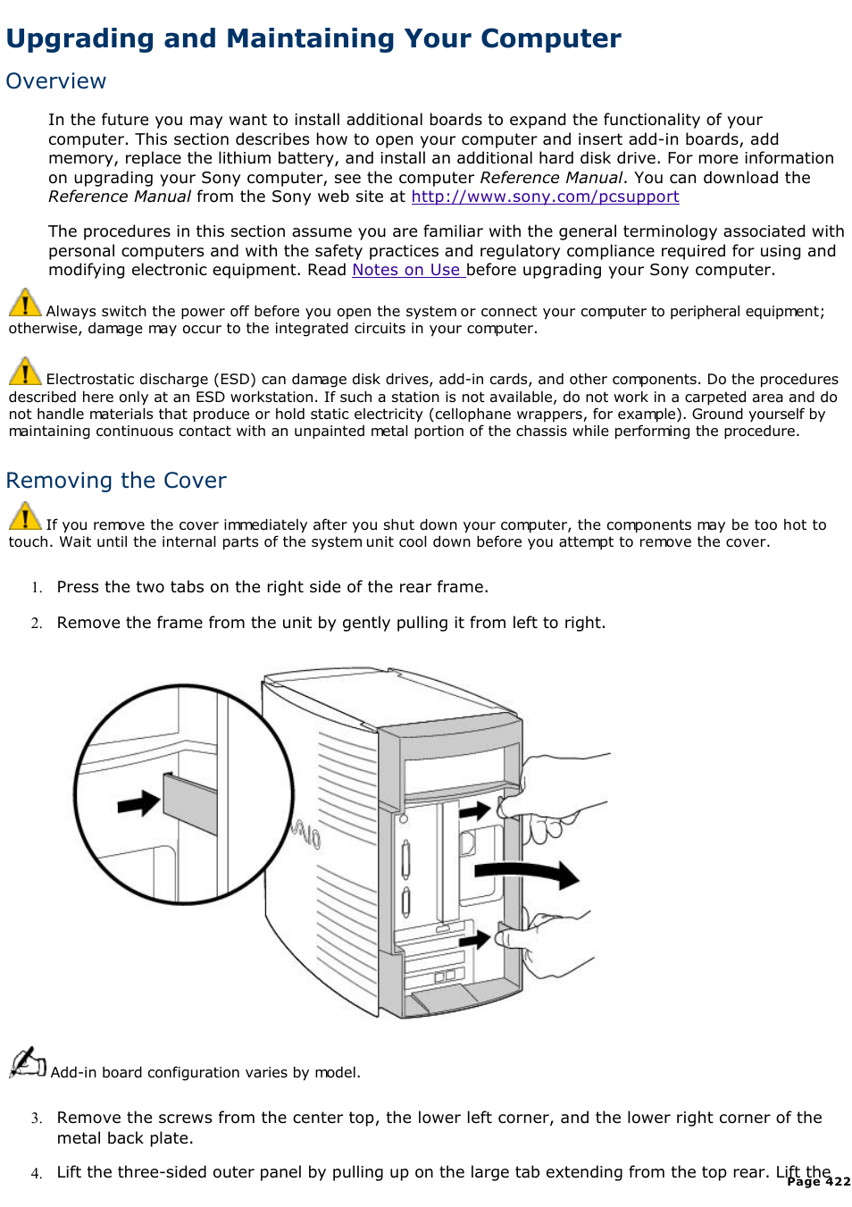 Inserting an add-in board, Upgrading and maintaining your computer, Overview | Removing the cover | Sony PCV-R539DS User Manual | Page 422 / 586