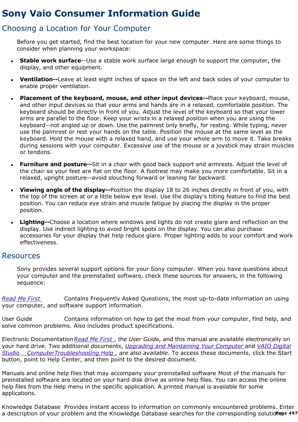 Resources, Sony vaio consumer information guide, Choosing a location for your computer | Sony PCV-R539DS User Manual | Page 497 / 586