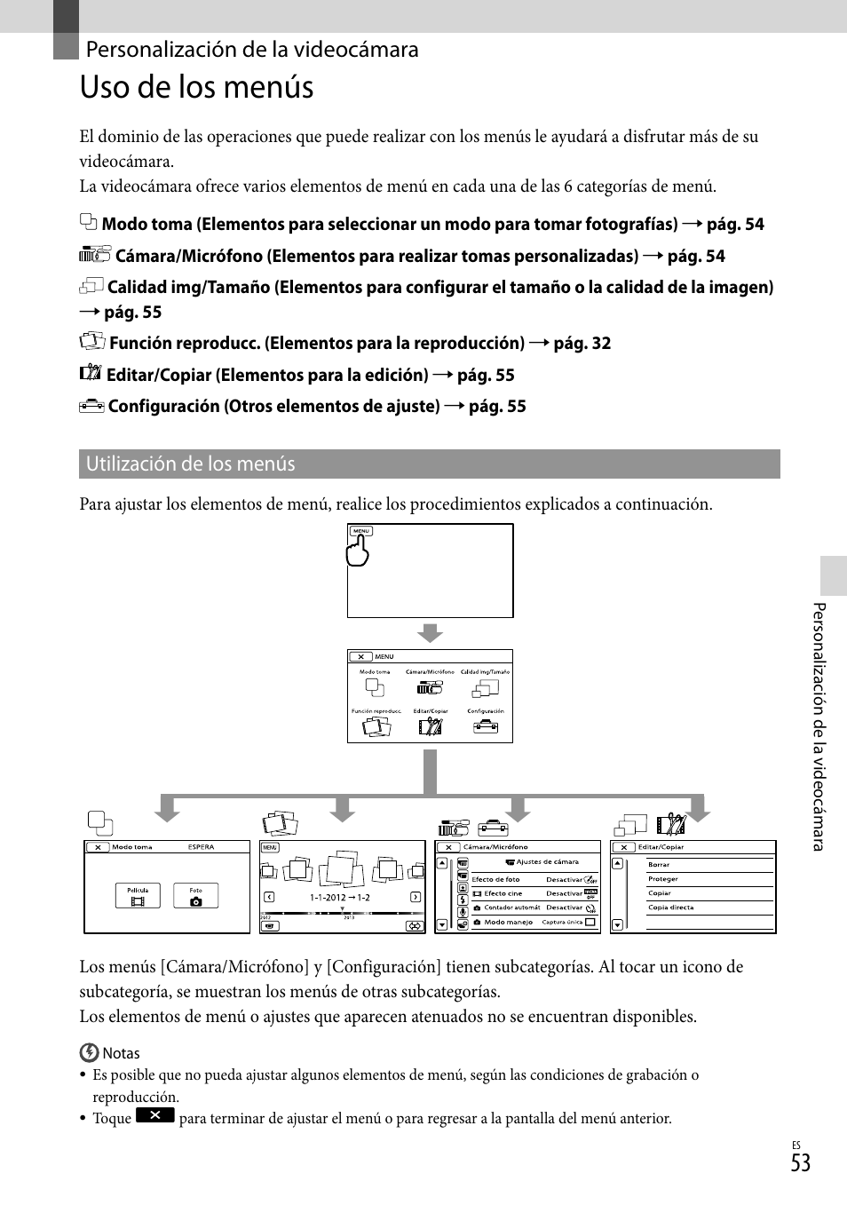 Personalización de la videocámara, Uso de los menús | Sony NEX-VG900 User Manual | Page 129 / 151