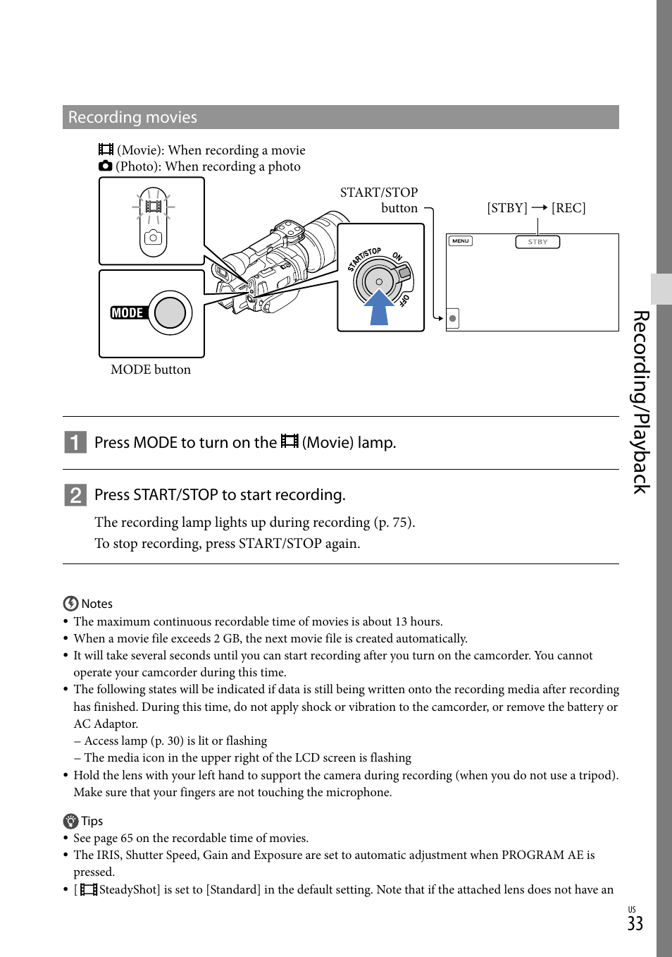 Rec or ding/p la yback, Recording movies | Sony NEX-VG900 User Manual | Page 33 / 151