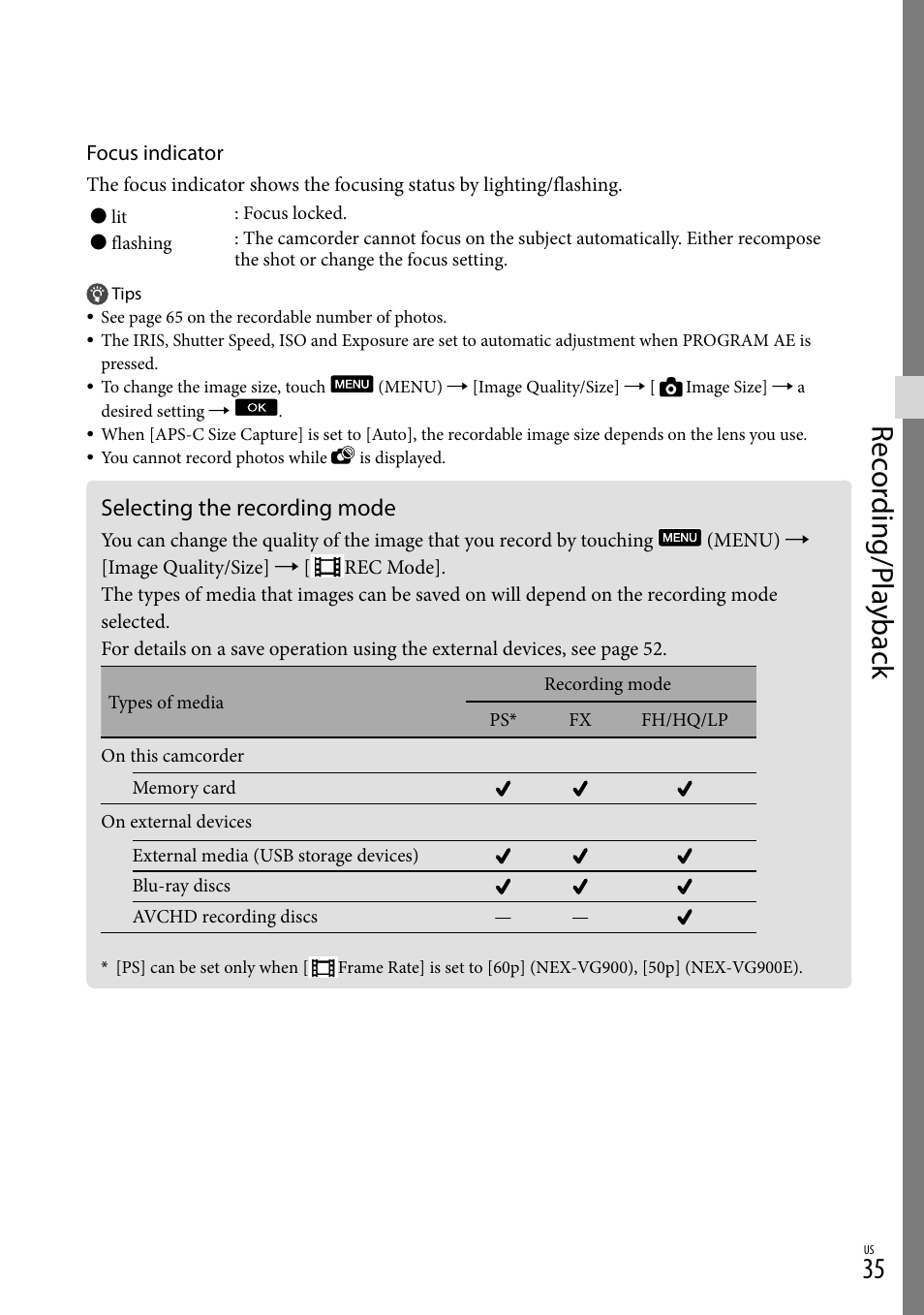 Selecting the recording mode, Rec or ding/p la yback | Sony NEX-VG900 User Manual | Page 35 / 151