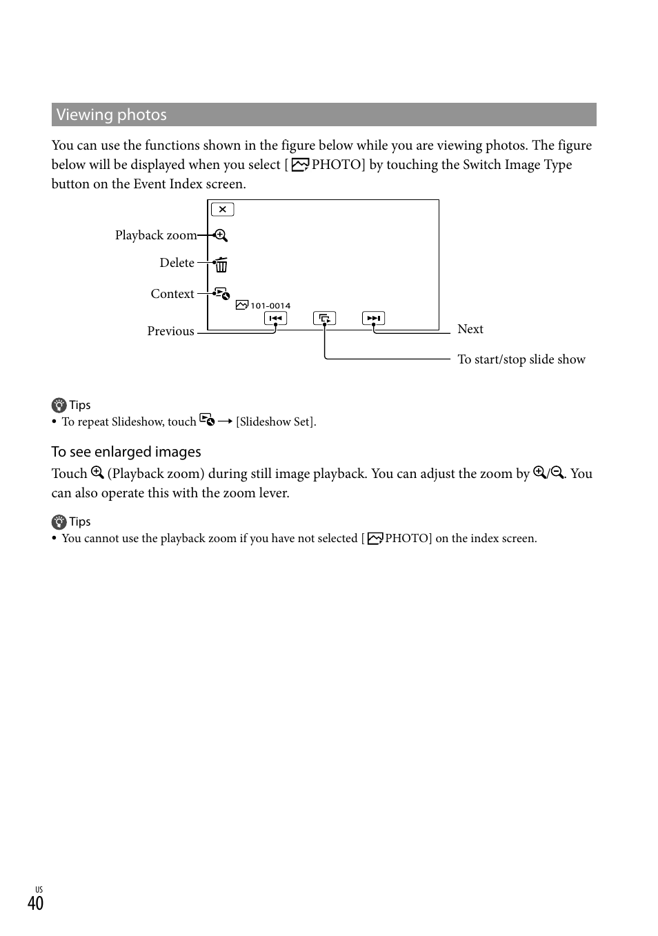 Viewing photos | Sony NEX-VG900 User Manual | Page 40 / 151