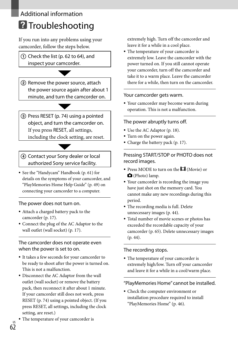 Additional information, Troubleshooting | Sony NEX-VG900 User Manual | Page 62 / 151