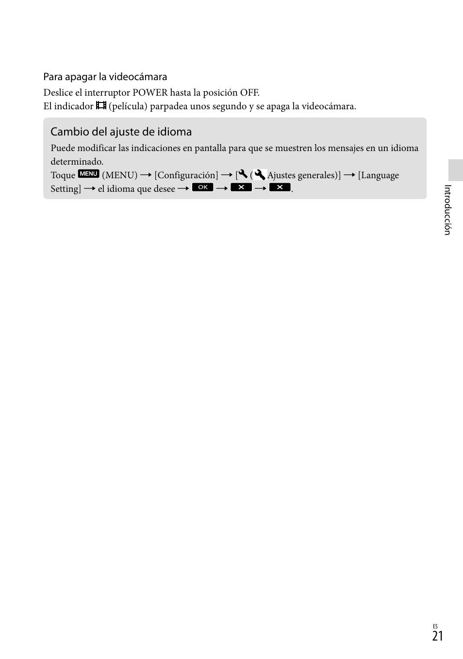 Cambio del ajuste de idioma | Sony NEX-VG900 User Manual | Page 97 / 151