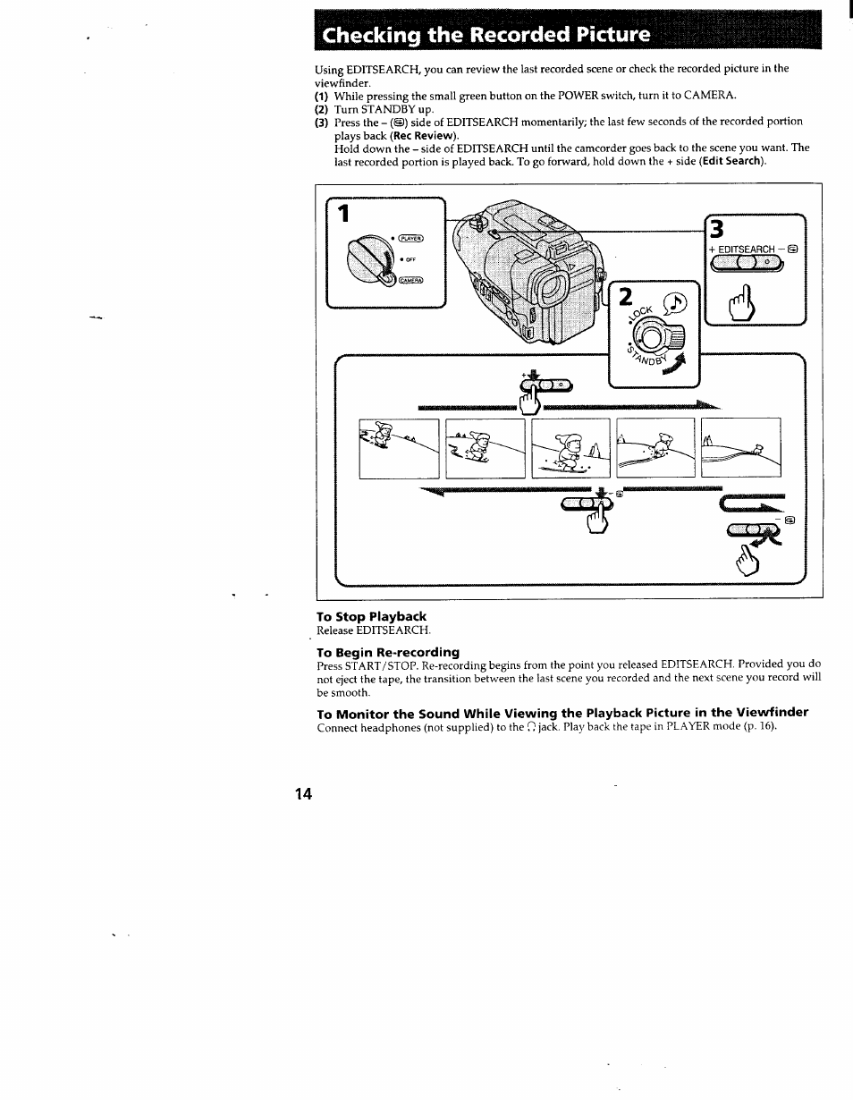 Checking the recorded picture, To stop playback, To begin re-recording | Sony CCD-TR83 User Manual | Page 14 / 52