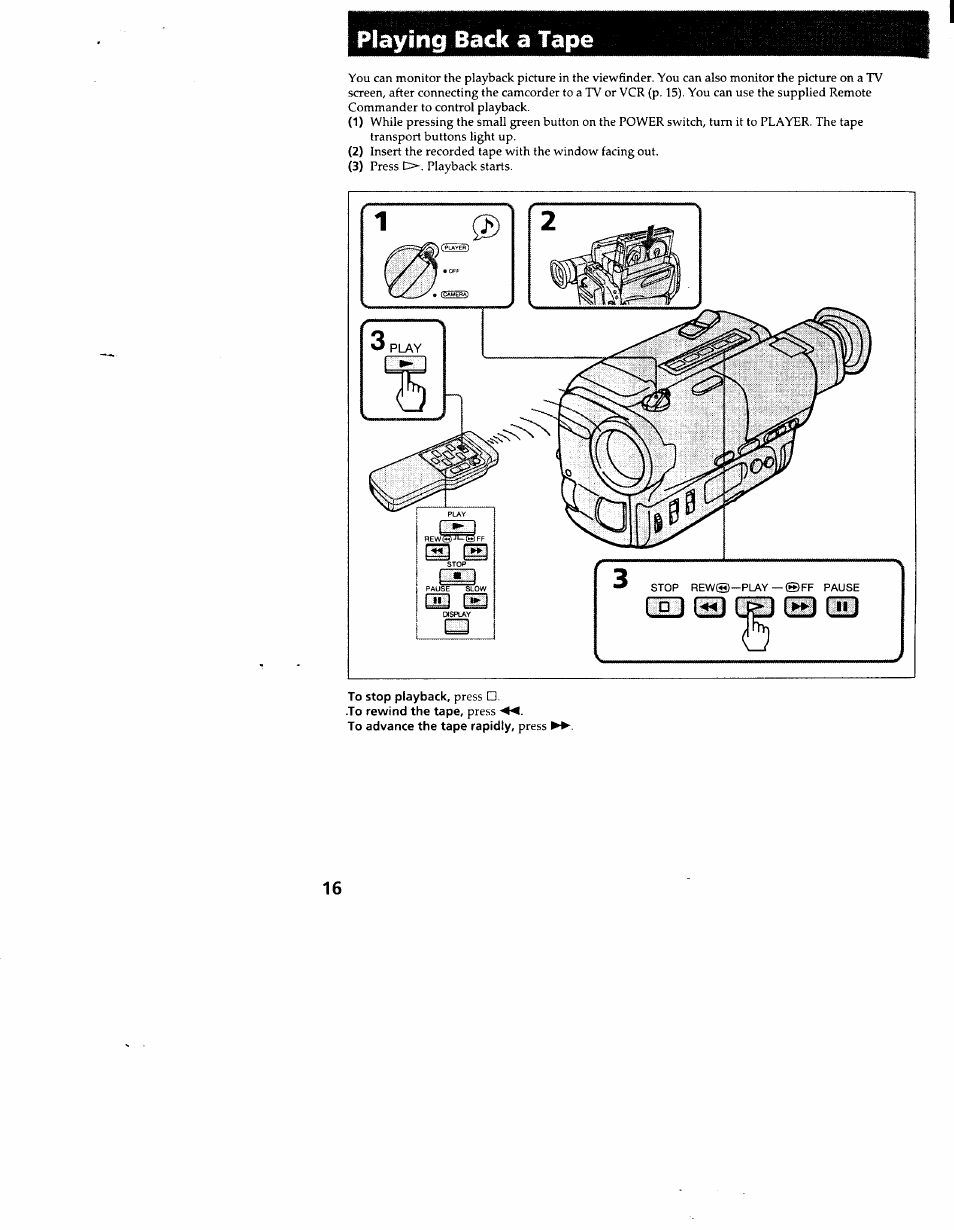 Playing back a tape | Sony CCD-TR83 User Manual | Page 16 / 52