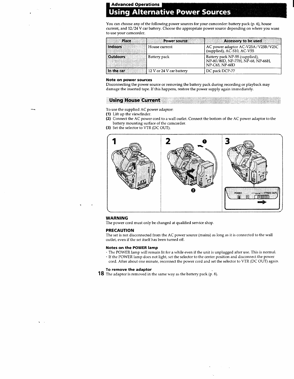 I advanced operations, Using alternative power sources, Using house current | Warning, Precaution | Sony CCD-TR83 User Manual | Page 18 / 52