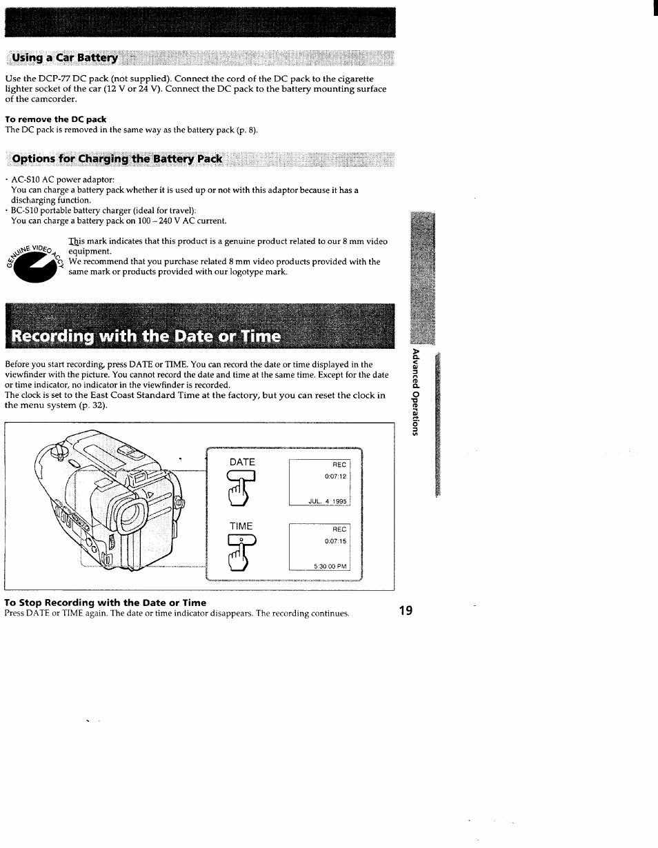 Using a car battery, Options for charging the battery pack, Recordlrig with the | To stop recording with the date or time, Mssm | Sony CCD-TR83 User Manual | Page 19 / 52