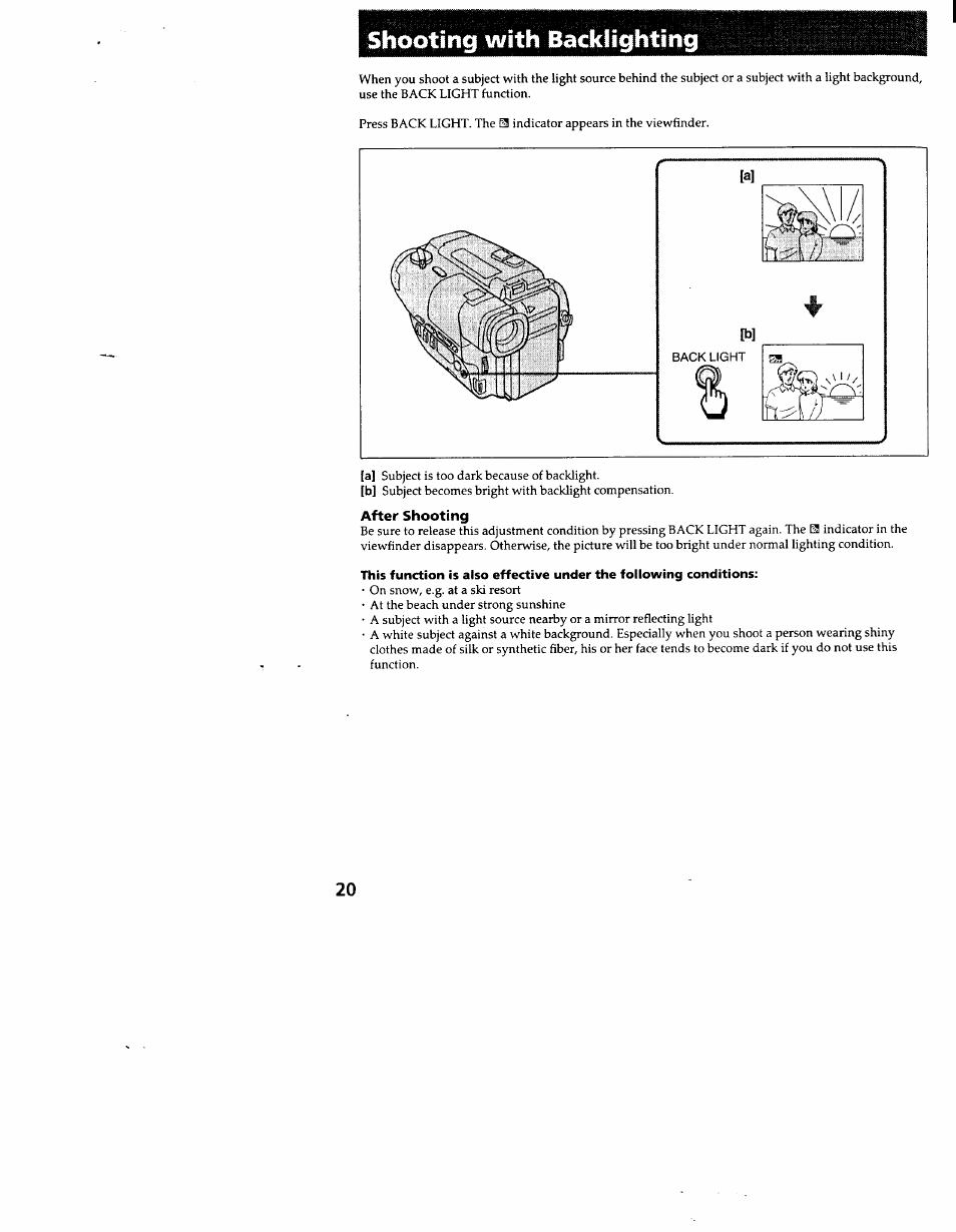 Shooting with backlighting, After shooting | Sony CCD-TR83 User Manual | Page 20 / 52
