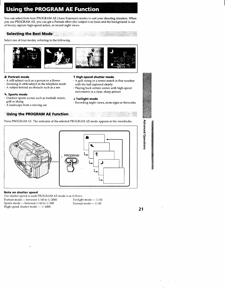 Selecting the best mode, Using the program ae function | Sony CCD-TR83 User Manual | Page 21 / 52