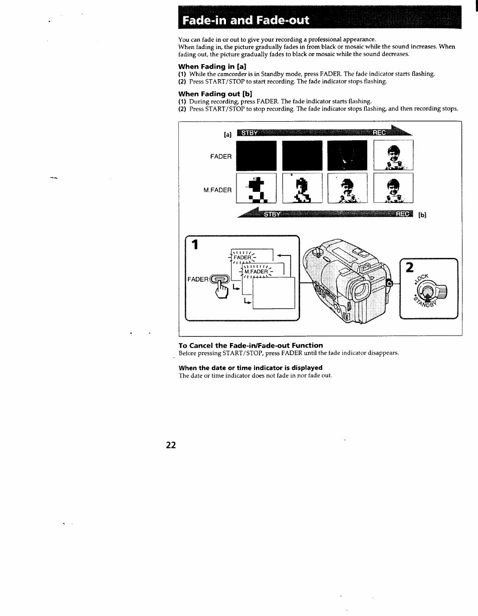 Fade-in and fade-out, When fading in [a, When fading out [b | To cancel the fade-in/fade-out function | Sony CCD-TR83 User Manual | Page 22 / 52