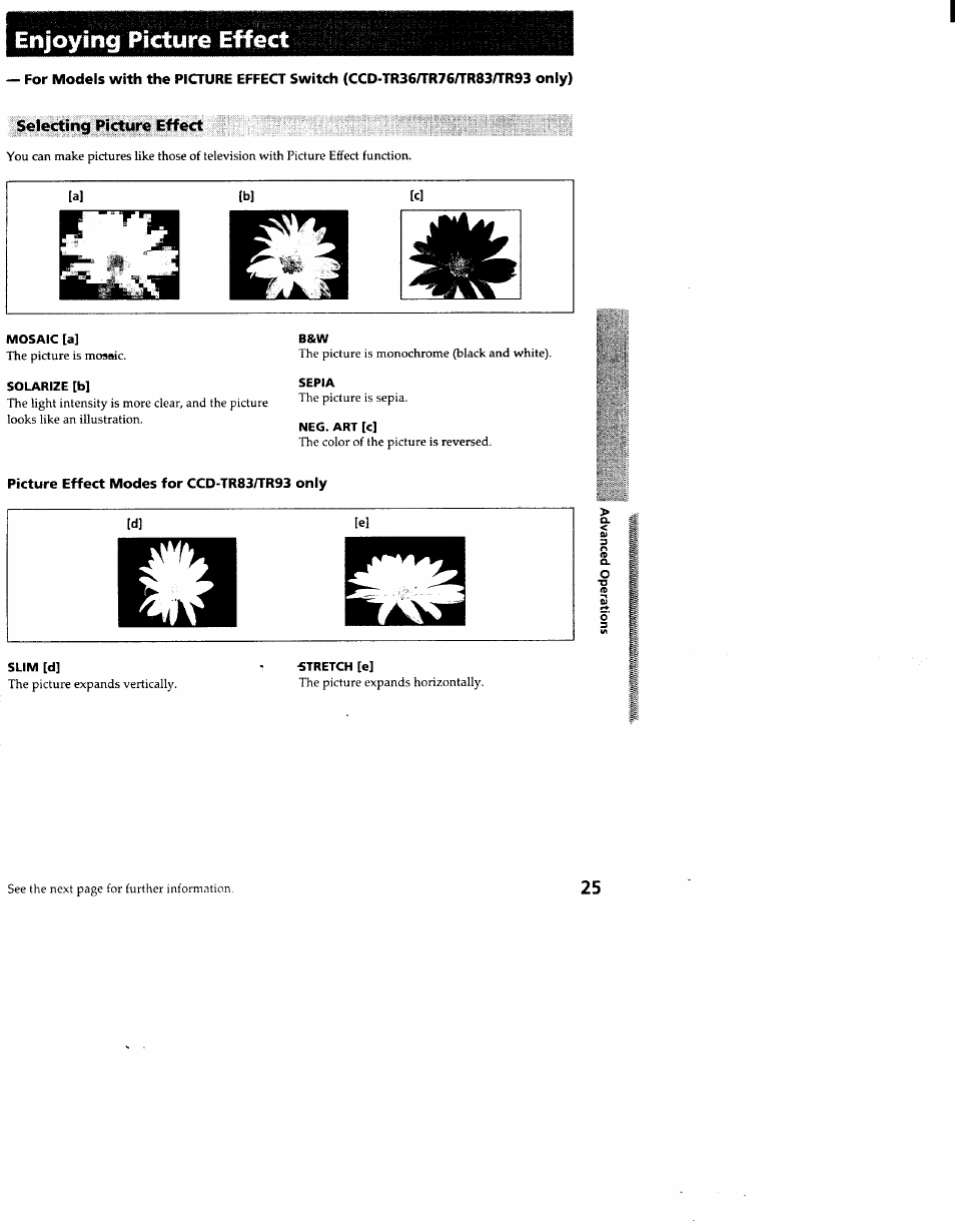 Enjoying picture effect, Selecting picture effect, Picture effect modes for ccd-tr83/tr93 only | Sony CCD-TR83 User Manual | Page 25 / 52