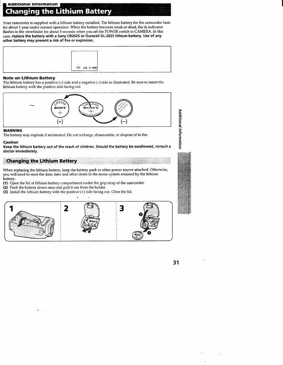 Changing the lithium battery, Note on lithium battery | Sony CCD-TR83 User Manual | Page 31 / 52