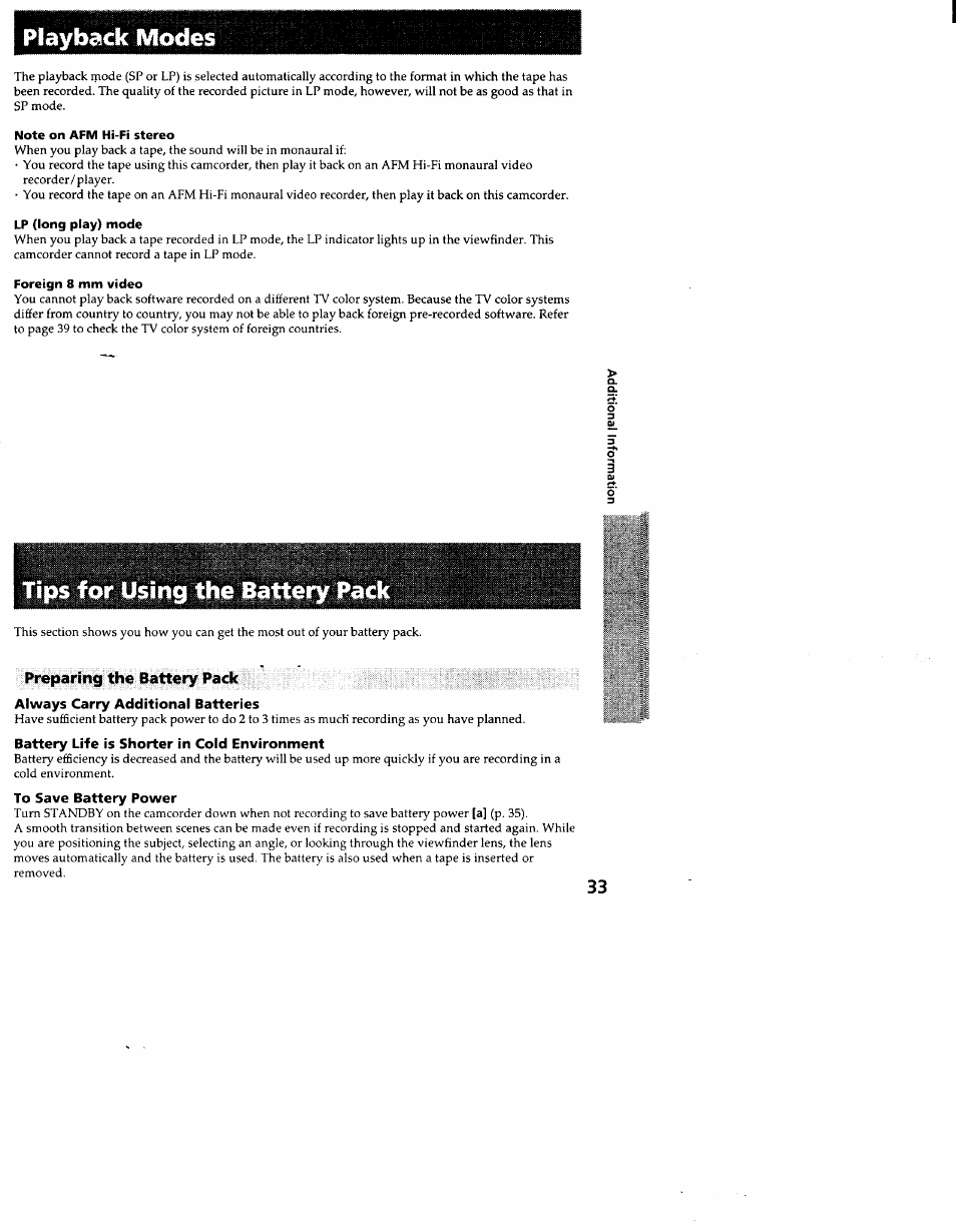 Playback modes, Tips for using the battery pack, Preparing the battery pack | Always carry additional batteries, Battery life is shorter in cold environment, To save battery power | Sony CCD-TR83 User Manual | Page 33 / 52