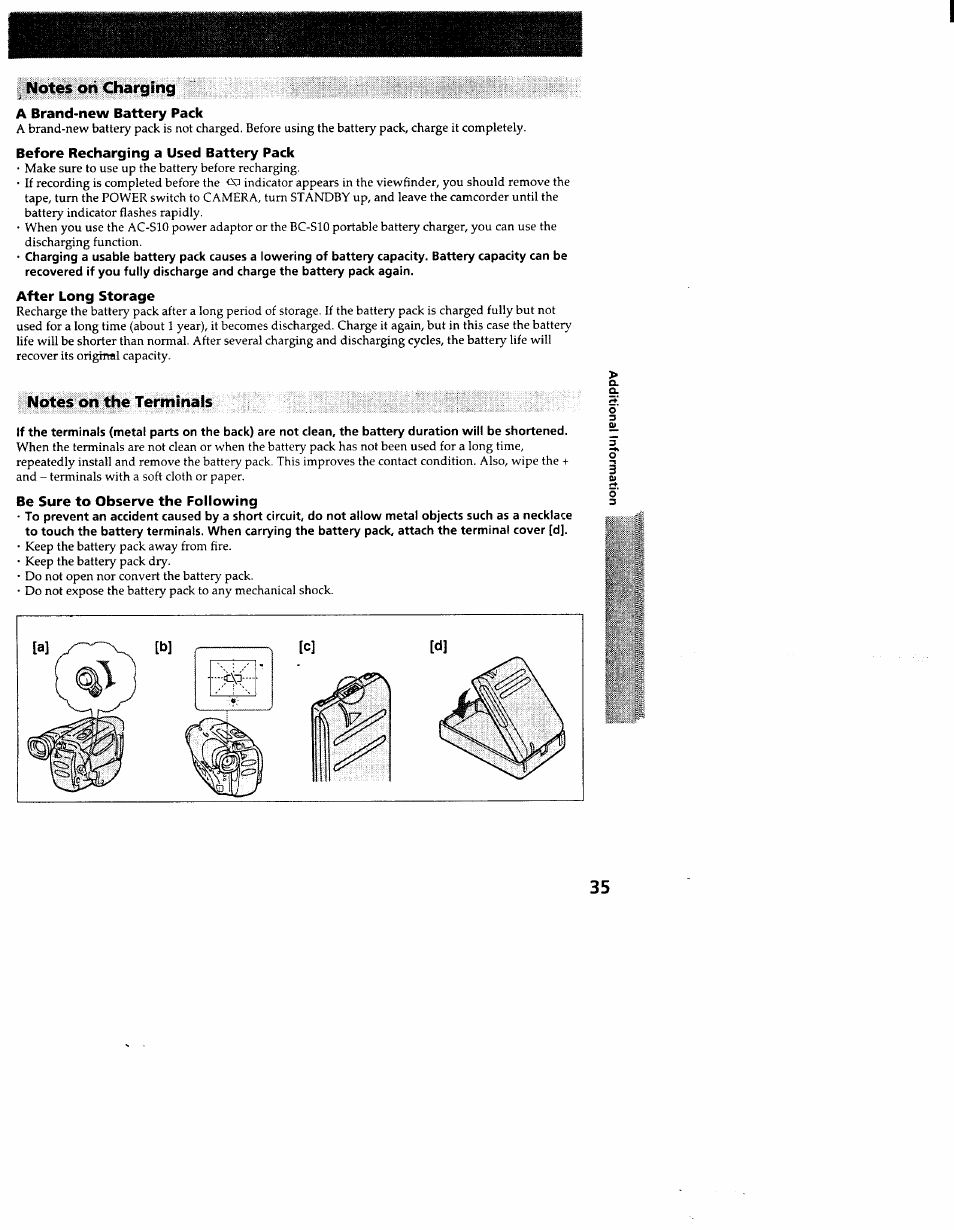 Notes oii charging, A brand-new battery pack, Before recharging a used battery pack | After long storage, Notes on the terminals, Be sure to observe the following | Sony CCD-TR83 User Manual | Page 35 / 52