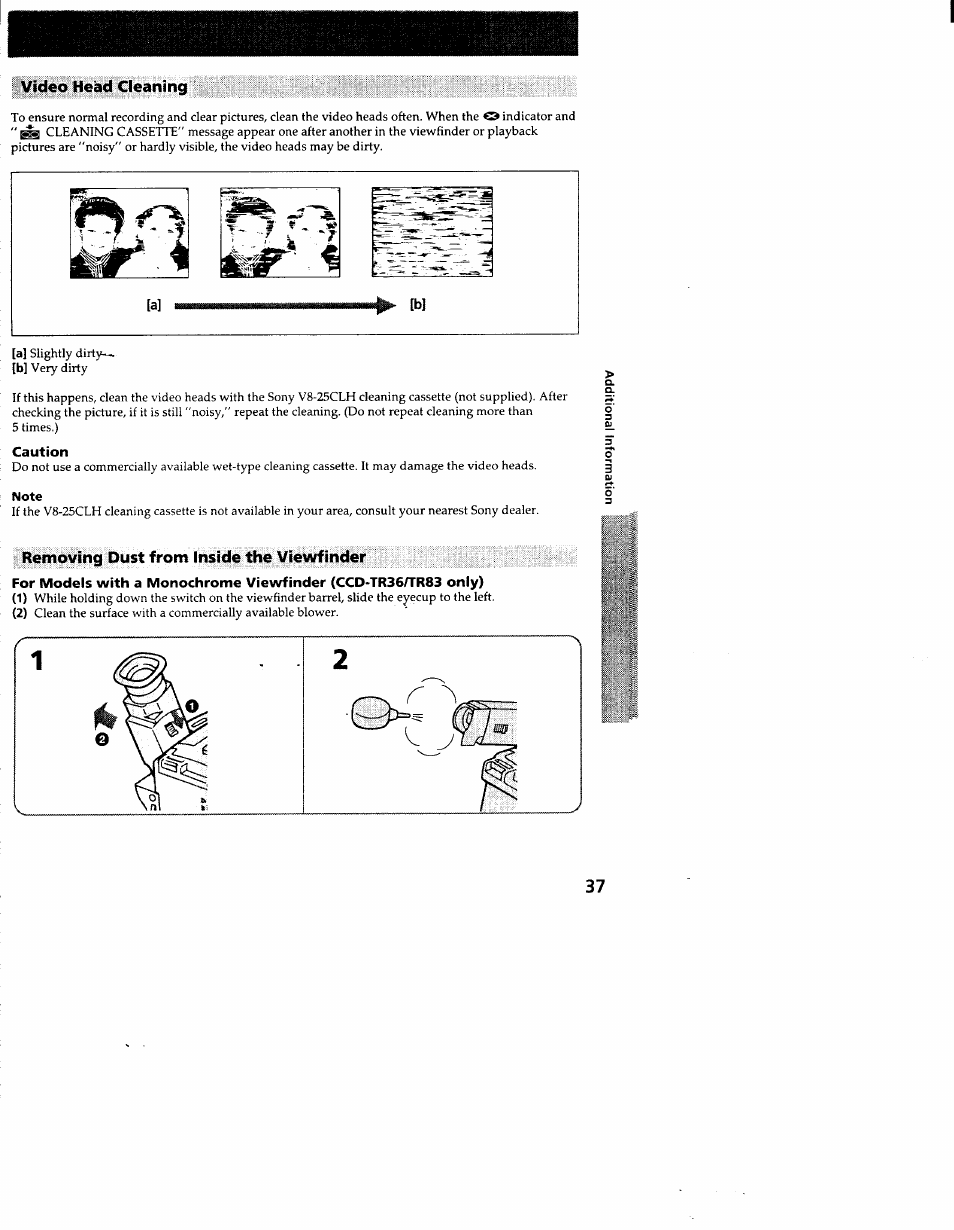 Video head cleaning, Caution, Removing dust from inside the viewfinder | Sony CCD-TR83 User Manual | Page 37 / 52