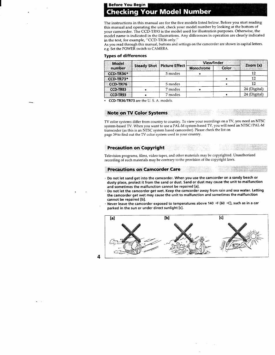 H before you begin, Checking your model number, Types of differences | Note on tv color systems, Precaution on copyright, Precautions on camcorder care | Sony CCD-TR83 User Manual | Page 4 / 52