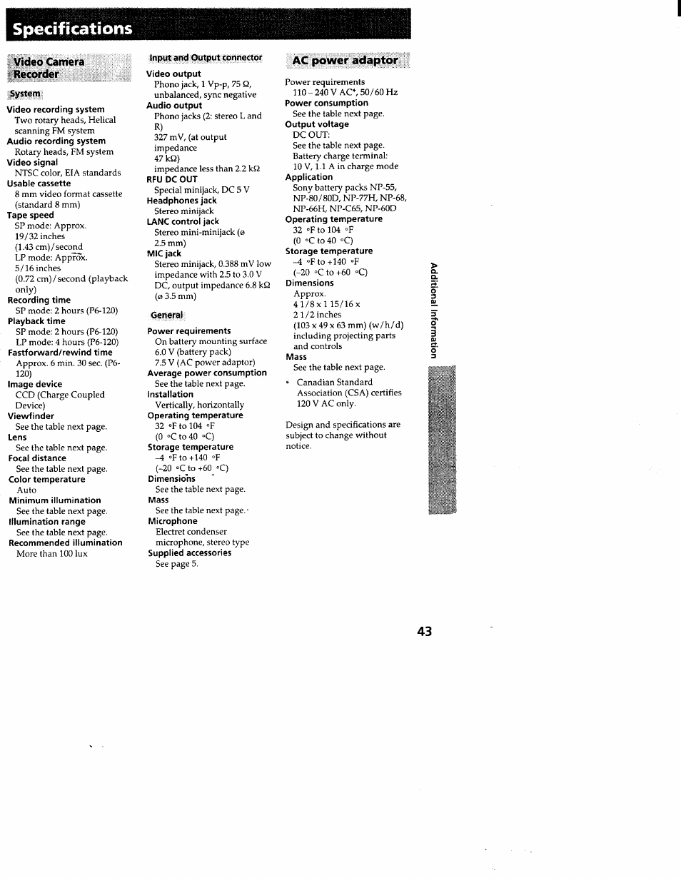 Specifications, Video camera ^ recorder, Ac power adaptor | Sony CCD-TR83 User Manual | Page 43 / 52