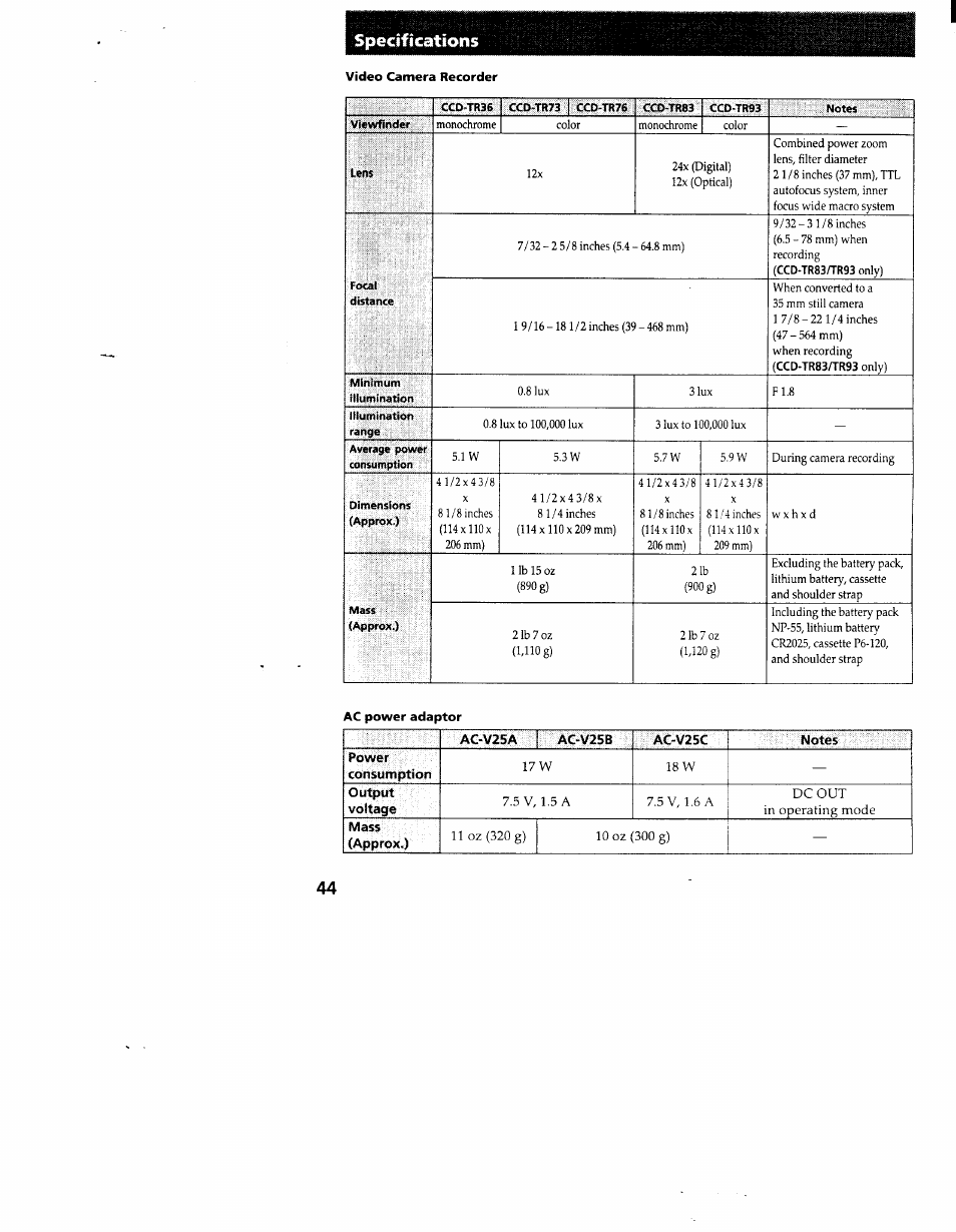 Specifications | Sony CCD-TR83 User Manual | Page 44 / 52