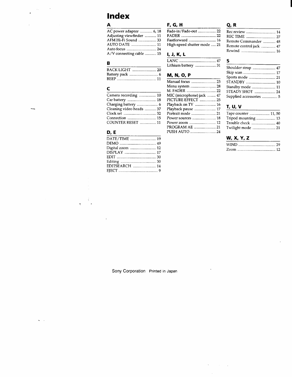 Index, W, x, y. z | Sony CCD-TR83 User Manual | Page 52 / 52