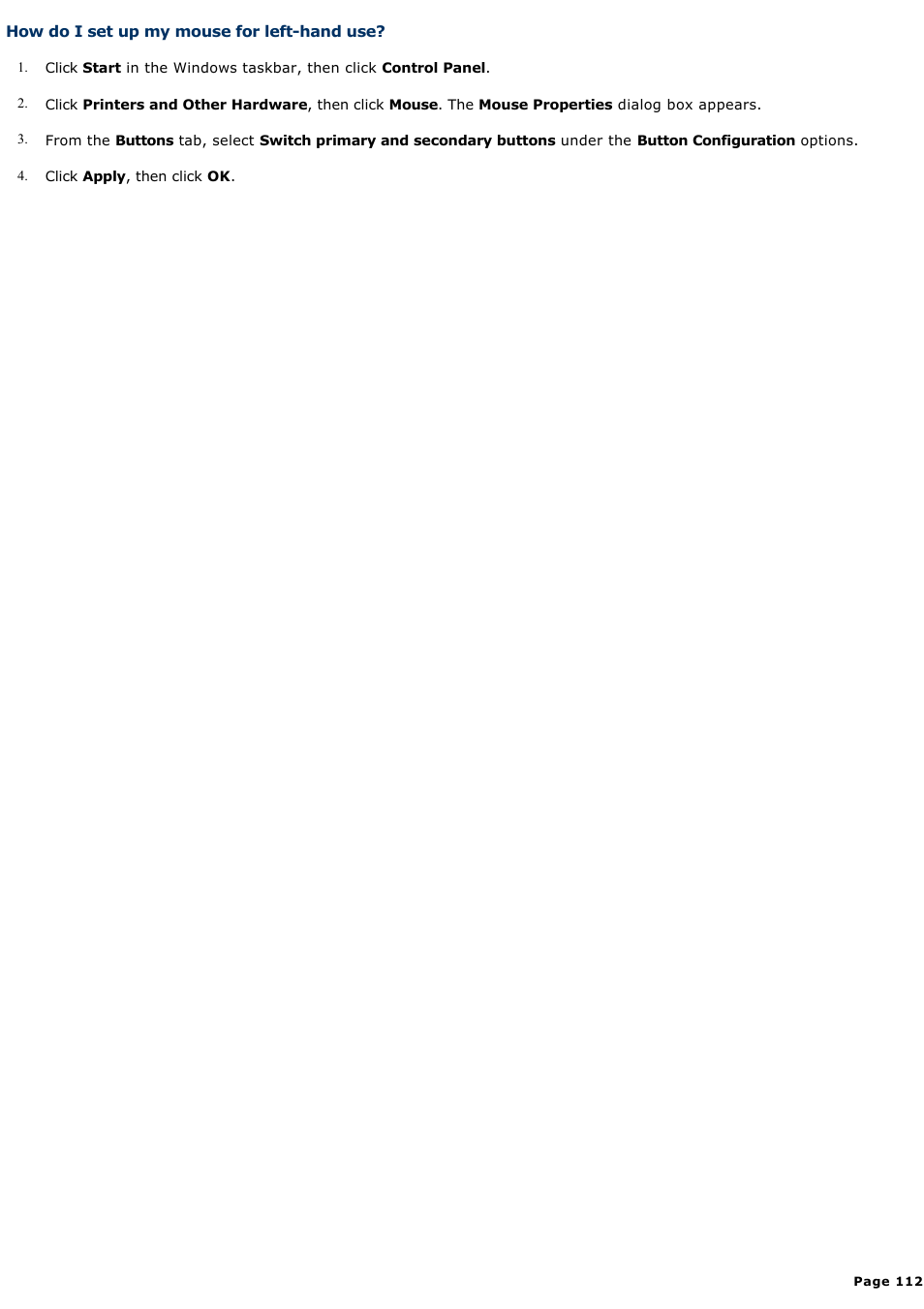 How do i set up my mouse for left-hand use | Sony PCV-RS500CGP User Manual | Page 112 / 143